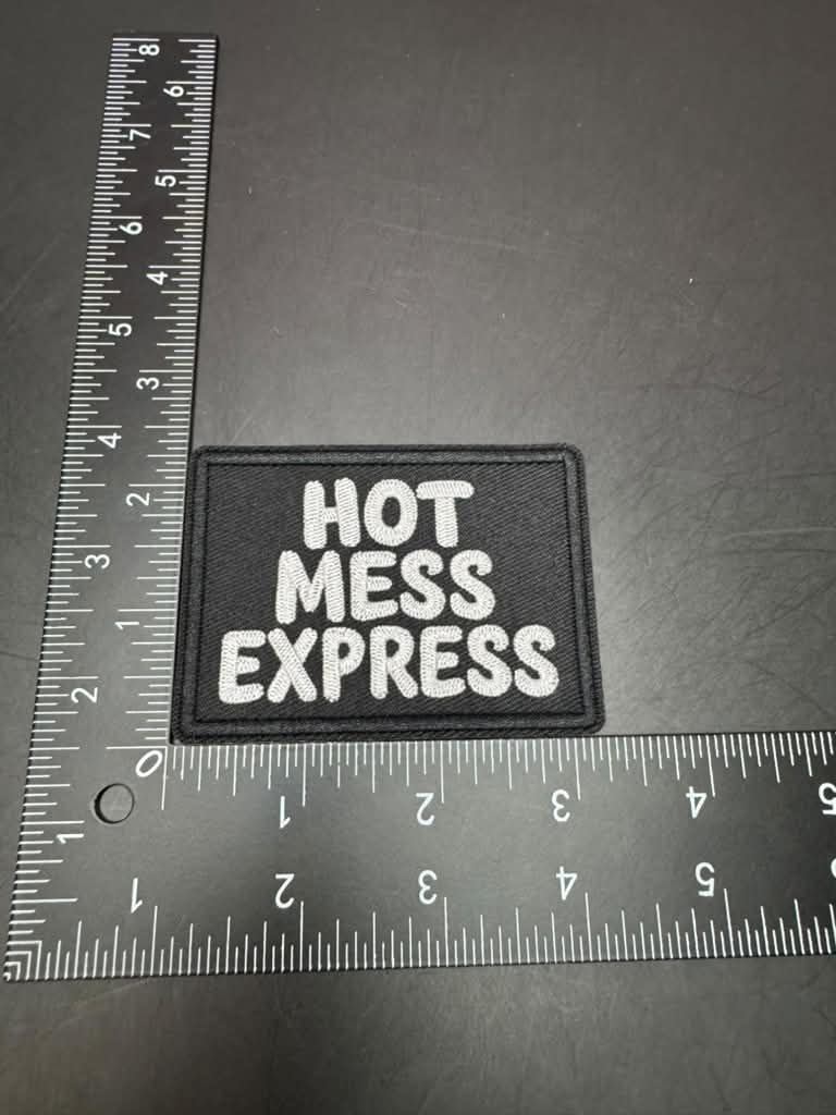Hot Mess Express White Iron-On Embroidered Patch